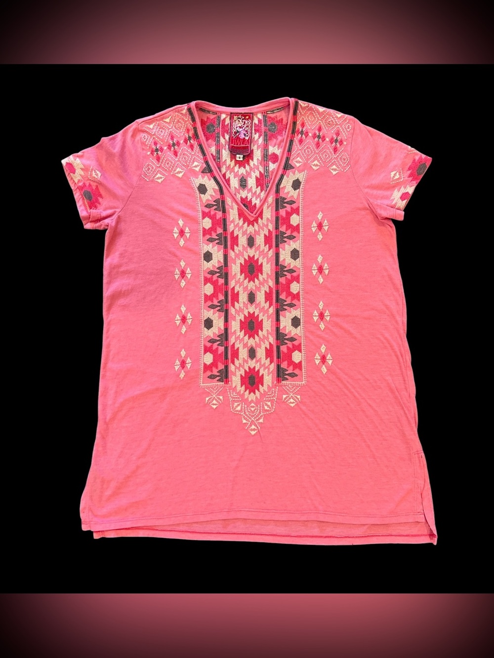 Johnny Was JWLA Geometric Aztec Embroidered V-Neck Tunic Top, Small